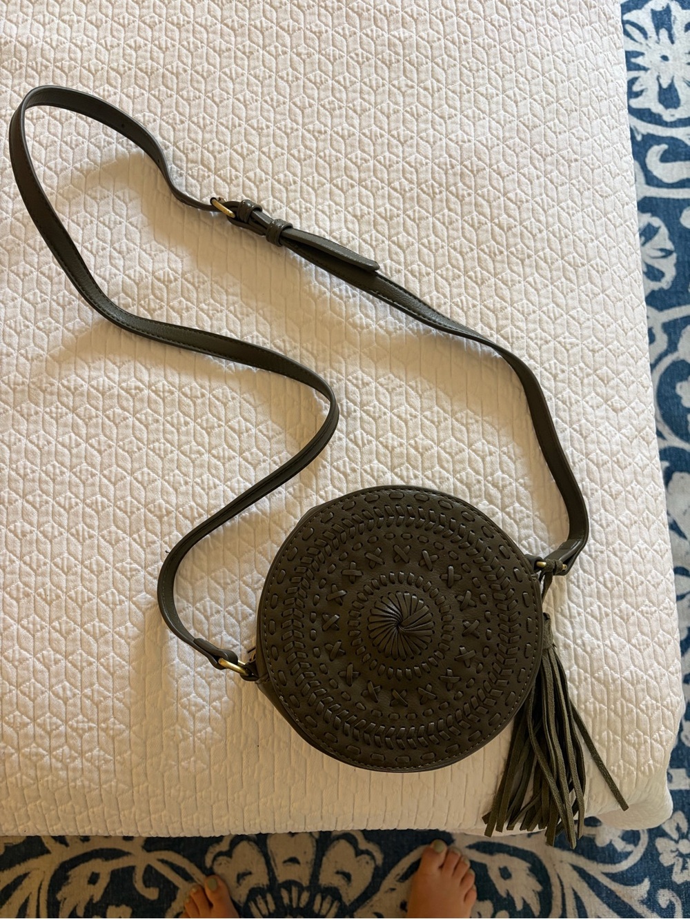 Anthropologie Olive Green Round Laser-Cut Leather Crossbody with Tassel